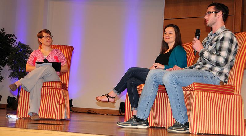 Tina Propes, right, part-time coordinator of First Year experience, interviews FIRST CLASS students James Kuhn, left, of Liberty, Ky., and Brooke Pedigo of Glascow, Ky., about their time serving in a nursing home.